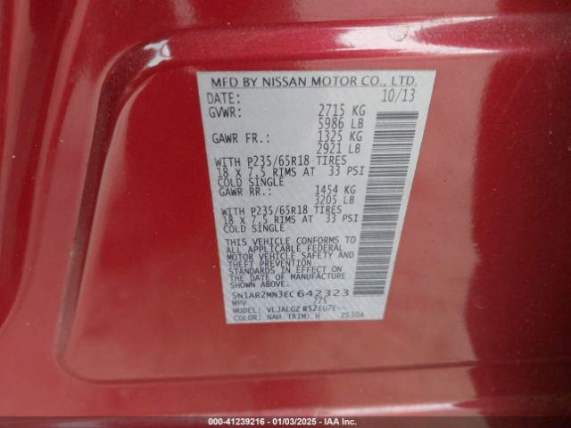 5N1AR2MN3EC642323 Nissan Pathfinder Sl