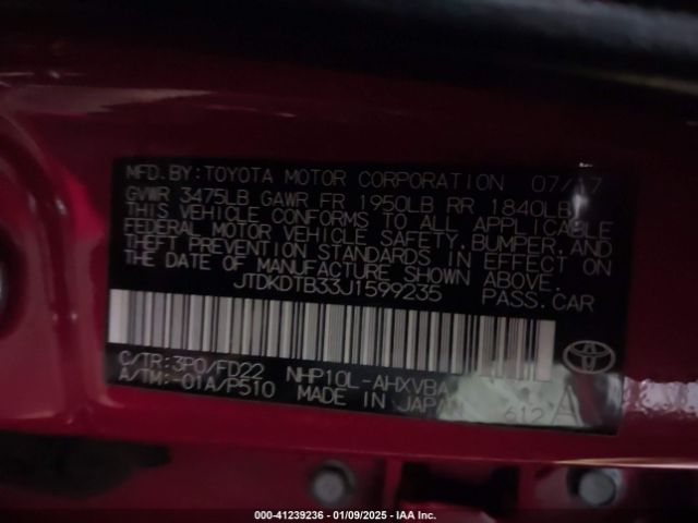 JTDKDTB33J1599235 Toyota Prius C One