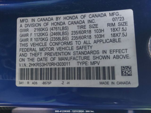 2HKRS3H70RH303011 Honda Cr-v Ex-l 2wd