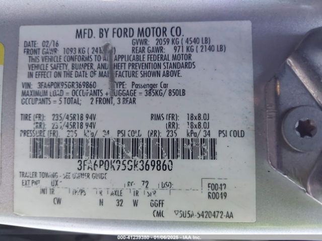 3FA6P0K95GR369860 Ford Fusion Titanium