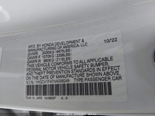 1HGCV1F47NA098249 Honda Accord Sport Se