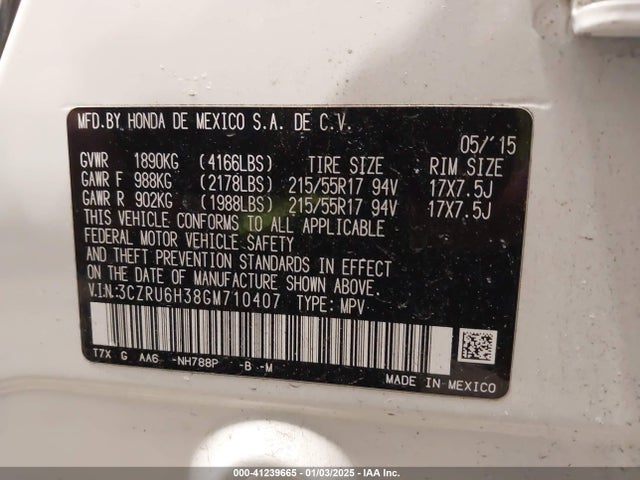 Honda HR-V LX 2016 3CZRU6H38GM710407 Image 9
