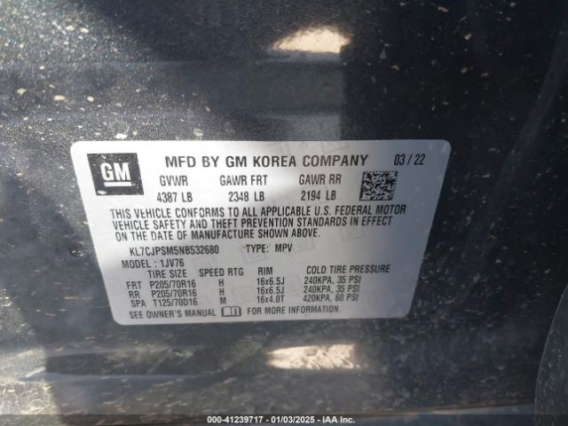 KL7CJPSM5NB532680 Chevrolet Trax Awd Lt