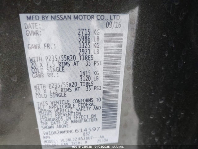 5N1DR2MM9HC614597 Nissan Pathfinder Platinum/s/sl/sv