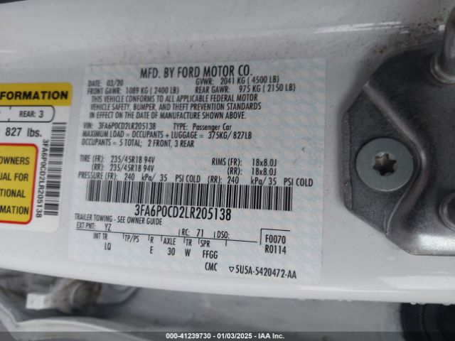 3FA6P0CD2LR205138 Ford FUSION SEL