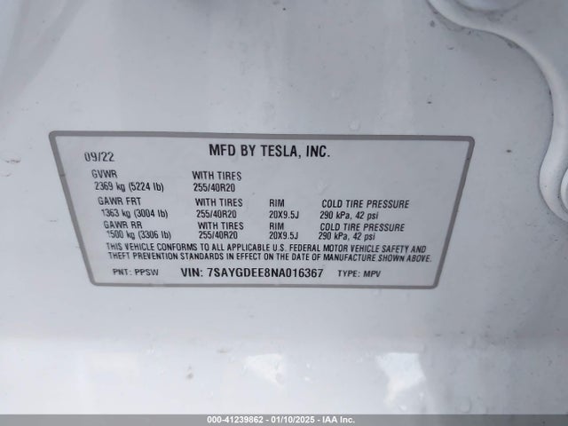 2022 TESLA MODEL Y 7SAYGDEE8NA016367 Photo 8
