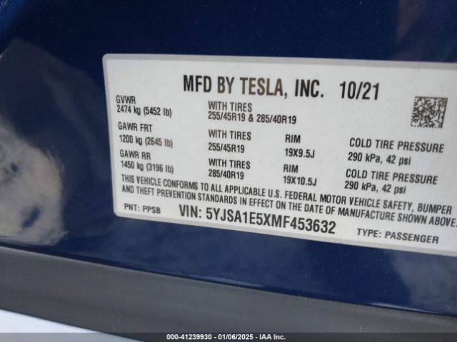 2021 TESLA MODEL S 5YJSA1E5XMF453632 Photo 8