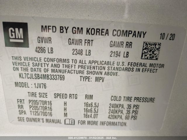 KL7CJLSB4MB333769 Chevrolet Trax Fwd Lt