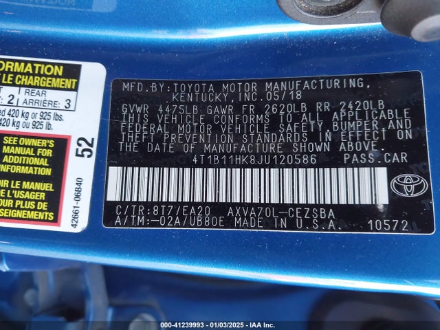 4T1B11HK8JU120586 Toyota CAMRY SE