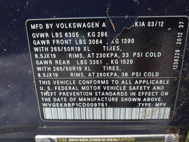 2012 VOLKSWAGEN TOUAREG WVGEK9BP1CD009751 Photo 8