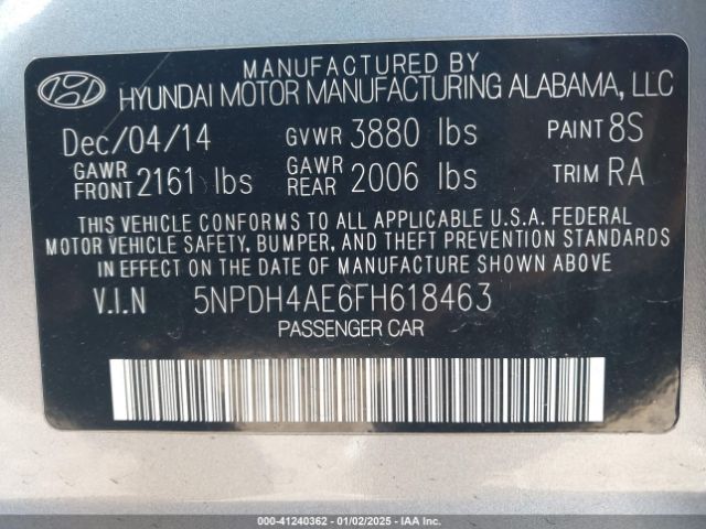 5NPDH4AE6FH618463 Hyundai ELANTRA SE