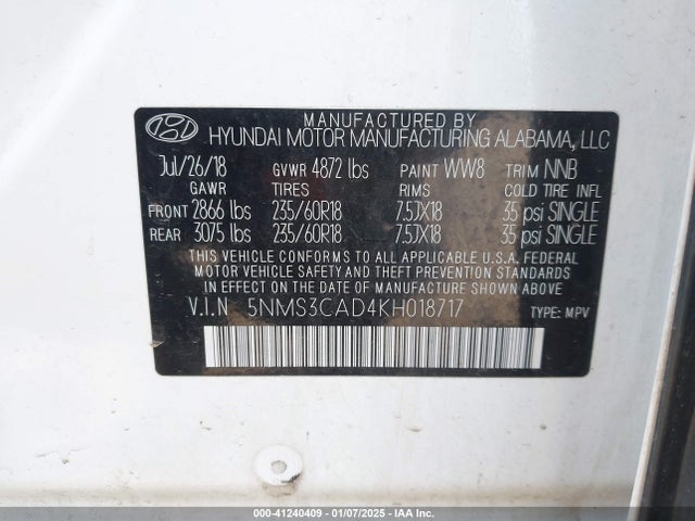 5NMS3CAD4KH018717 Hyundai Santa Fe Sel Plus