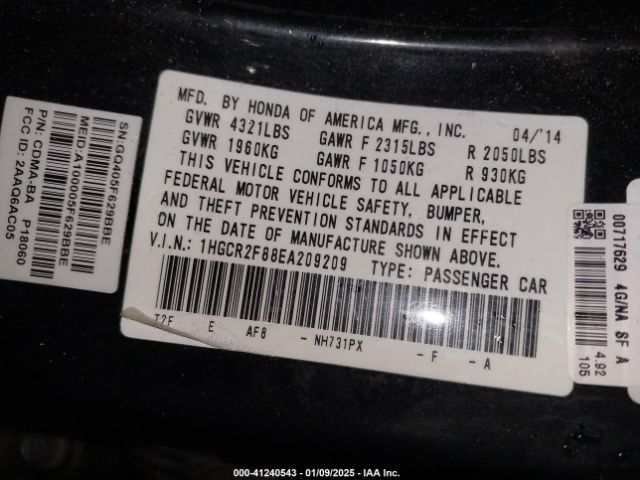 1HGCR2F88EA209209 Honda Accord Ex-l