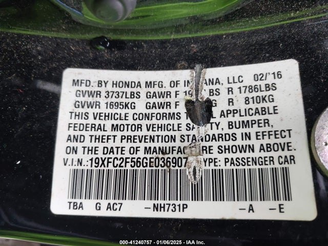 Honda Civic Lx 2016 19XFC2F56GE036907 Image 9