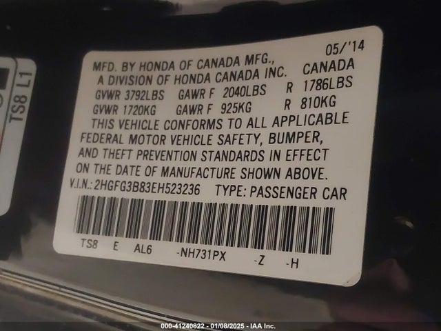 Honda r18z1 2014 2HGFG3B83EH523236 Image 9