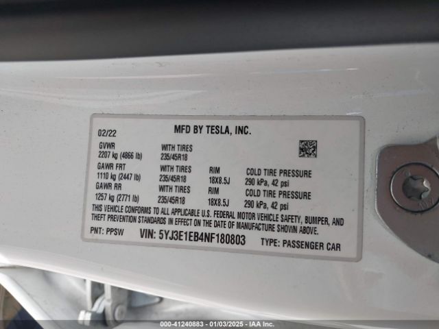 5YJ3E1EB4NF180803 Tesla Model 3 Long Range Dual Motor All-wheel Drive