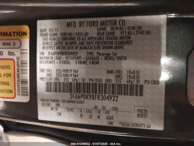 3FA6P0K98FR304922 Ford Fusion Titanium