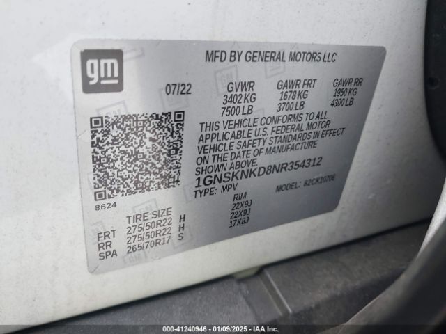 1GNSKNKD8NR354312 Chevrolet Tahoe 4wd Lt