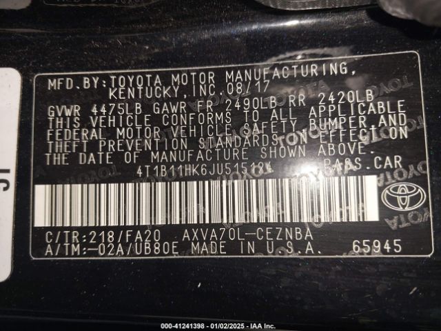 4T1B11HK6JU515124 Toyota CAMRY LE
