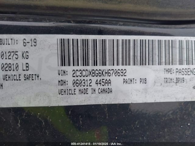 2C3CDXBG6KH670692 Dodge Charger Sxt Rwd