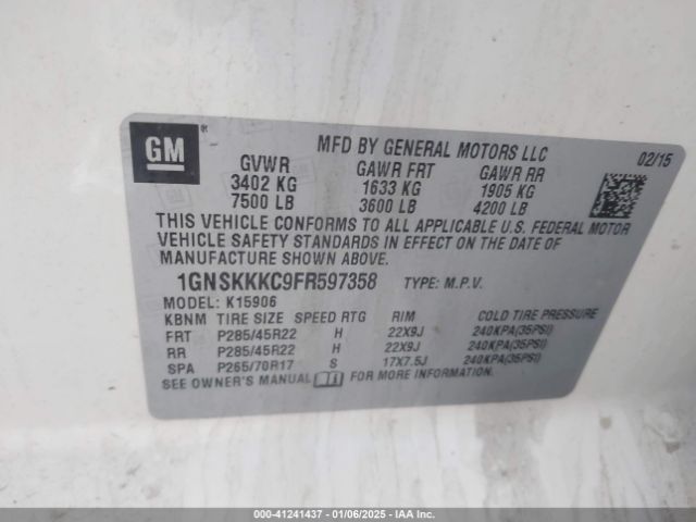 1GNSKKKC9FR597358 Chevrolet Suburban 1500 Ltz
