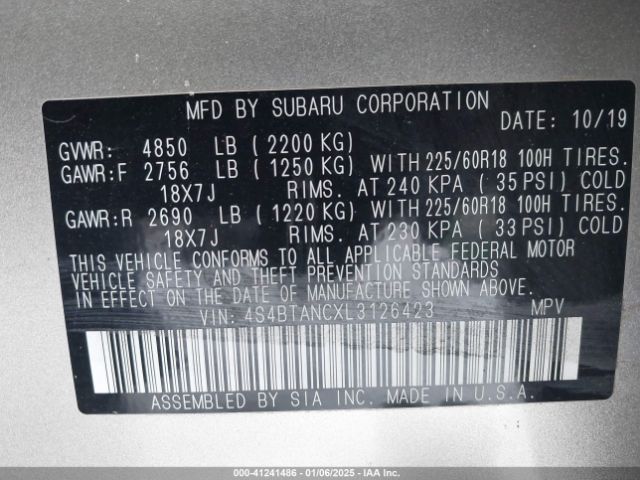 4S4BTANCXL3126423 Subaru Outback Limited