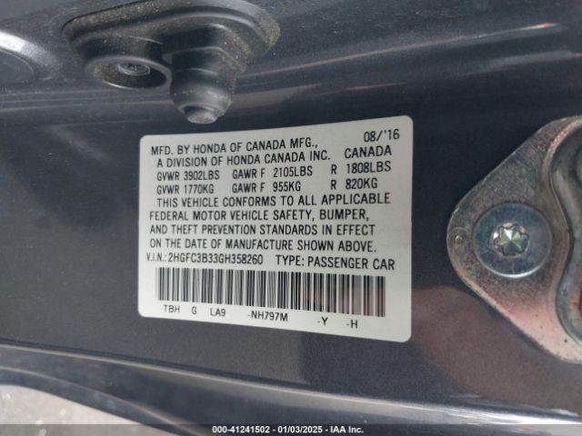2HGFC3B33GH358260 Honda Civic Ex-t