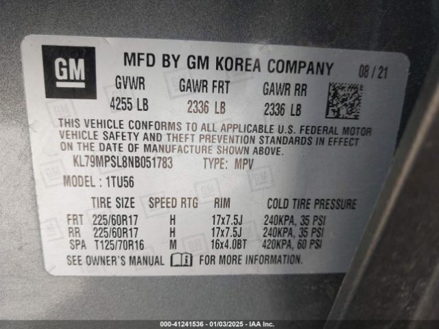 KL79MPSL8NB051783 Chevrolet Trailblazer Fwd Lt