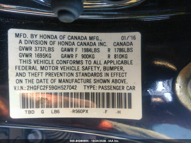 Honda k20c2 2016 2HGFC2F59GH527042 Image 9