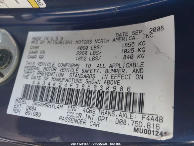 2009 MITSUBISHI ECLIPSE 4A3AK24F39E030986 Photo 8