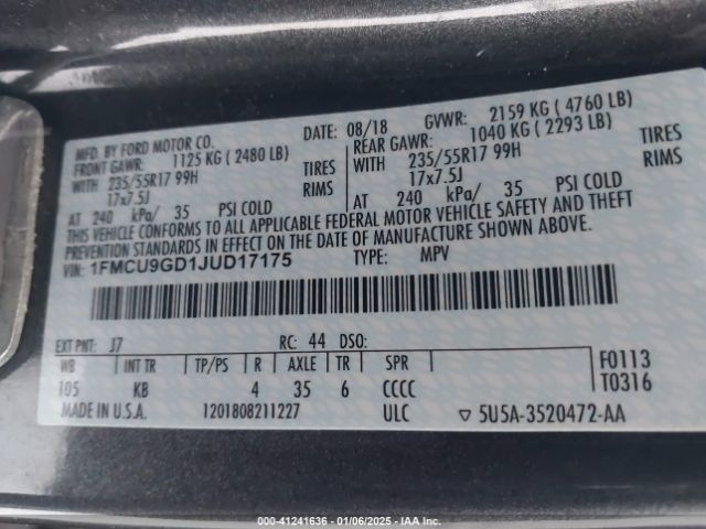 1FMCU9GD1JUD17175 Ford ESCAPE SE