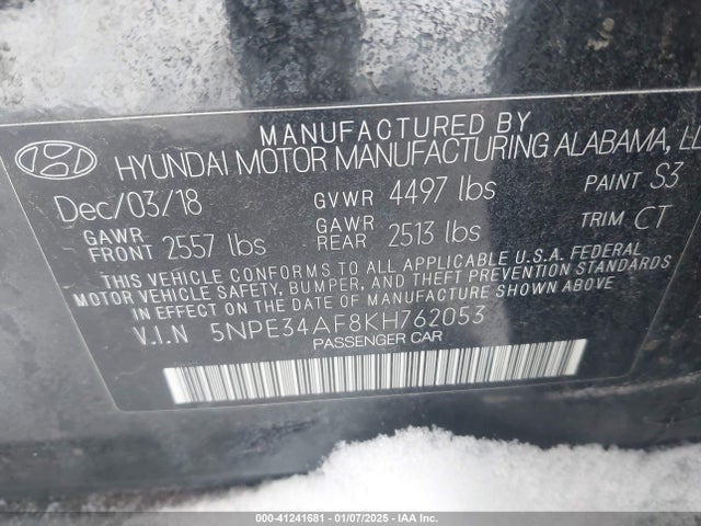 5NPE34AF8KH762053 Hyundai SONATA SEL