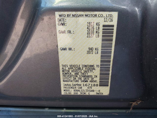 1N4AL3AP9HC167188 Nissan Altima 2.5 Sv