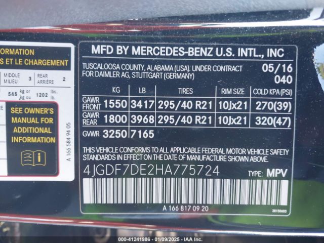 4JGDF7DE2HA775724 Mercedes-Benz Gls 550 4matic