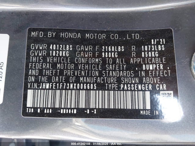 Honda CIVIC EX 2022 JHMFE1F73NX006605 Image 9