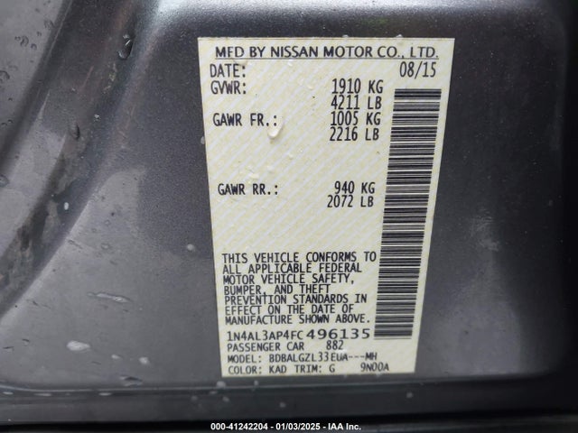 Nissan Altima 2.5 S 2015 1N4AL3AP4FC496135 Image 9