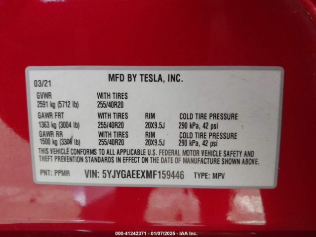 5YJYGAEEXMF159446 Tesla Model Y Long Range Dual Motor All-wheel Drive