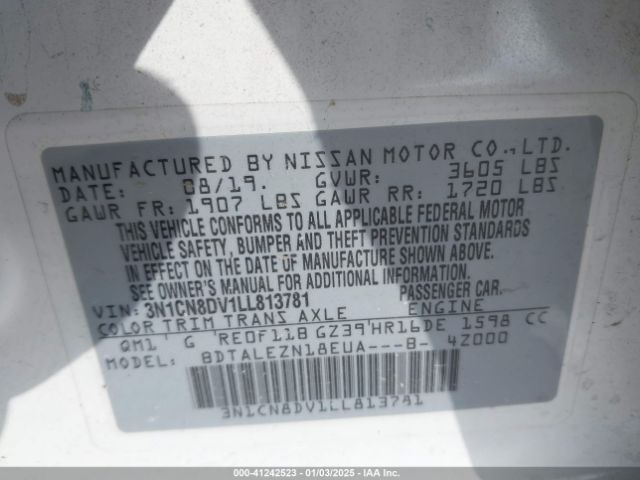 3N1CN8DV1LL813781 Nissan Versa S Xtronic Cvt