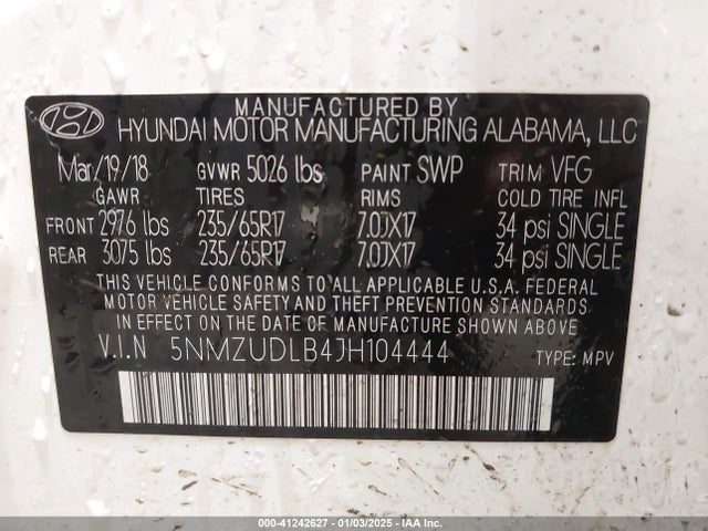 5NMZUDLB4JH104444 Hyundai Santa Fe Sport 2.4l