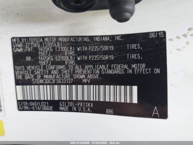 5TDXK3DC3FS633127 Toyota Sienna Se 8 Passenger
