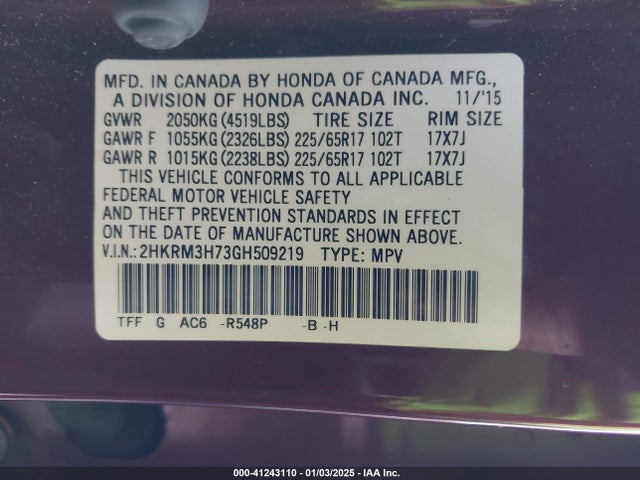 Honda Cr-v Ex-l 2016 2HKRM3H73GH509219 Image 9