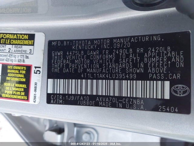 4T1L11AK4LU395499 Toyota CAMRY LE