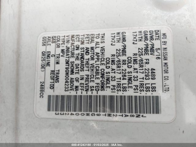 JN8AT2MT9GW004233 Nissan ROGUE SV