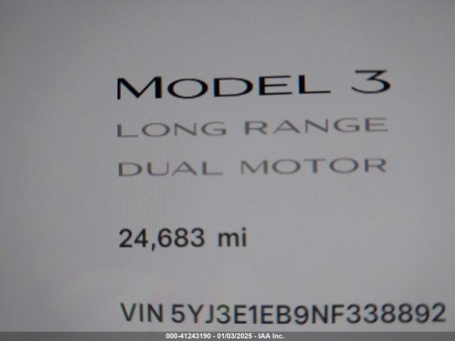 5YJ3E1EB9NF338892 Tesla Model 3 Long Range Dual Motor All-wheel Drive
