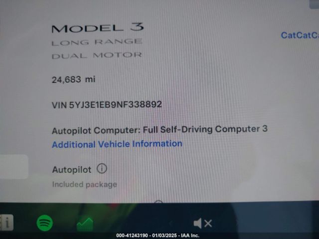 5YJ3E1EB9NF338892 Tesla Model 3 Long Range Dual Motor All-wheel Drive