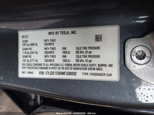 5YJ3E1EB9NF338892 Tesla Model 3 Long Range Dual Motor All-wheel Drive