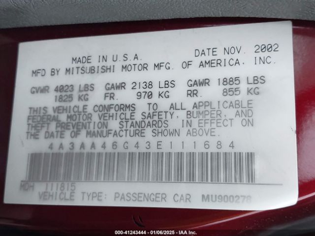 2003 MITSUBISHI GALANT 4A3AA46G43E111684 Photo 8