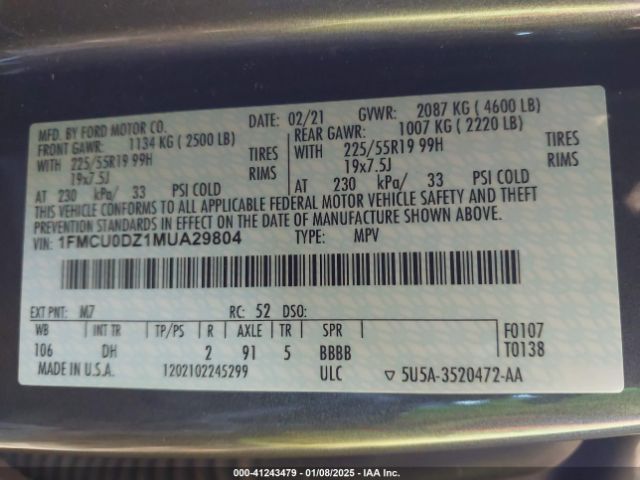1FMCU0DZ1MUA29804 Ford Escape Titanium Hybrid