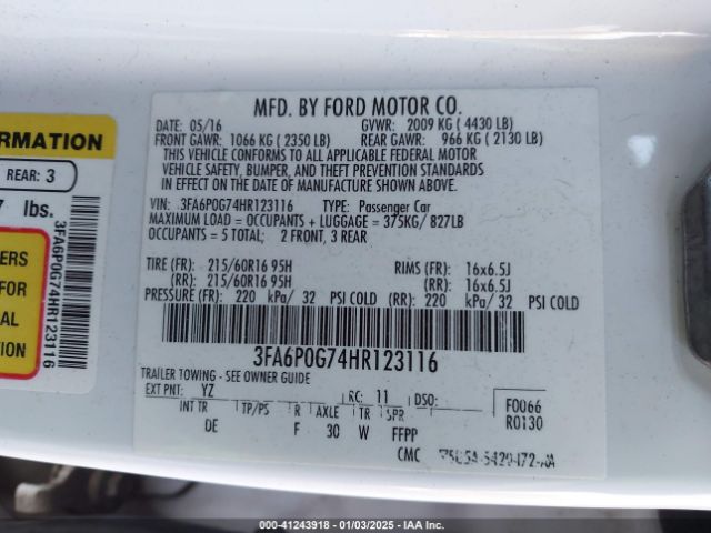 3FA6P0G74HR123116 Ford FUSION S