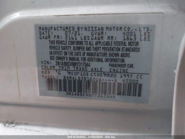 3N1AB8CV8MY317544 Nissan Sentra Sv Xtronic Cvt